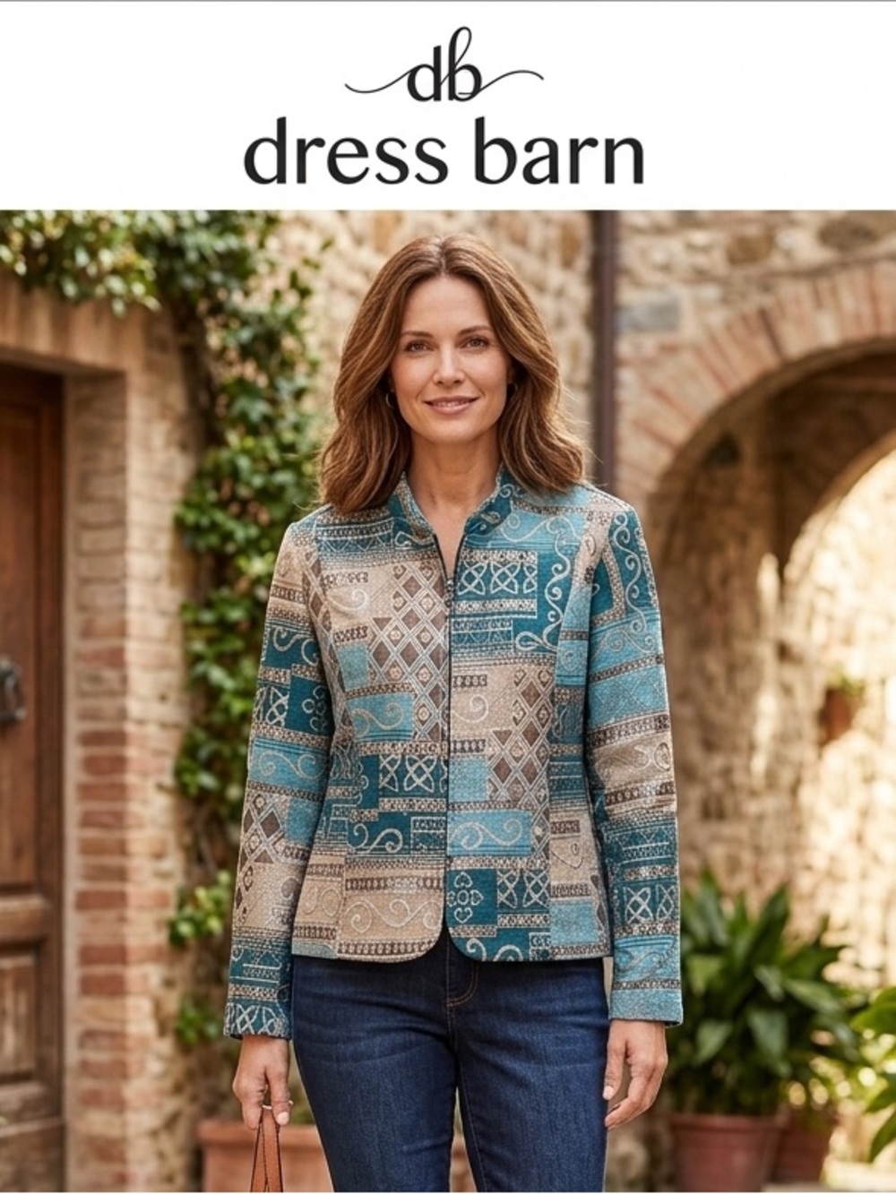 Dress Barn Teal & Beige Patchwork-Print Jacket